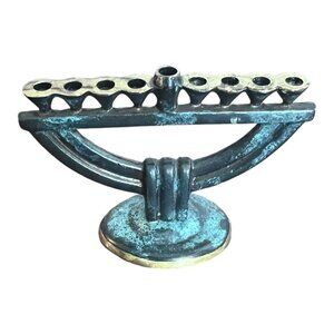 Vintage Patina Brass Menorah Candle Holder Decorative Judaica Art  2.25" x 3.5"
